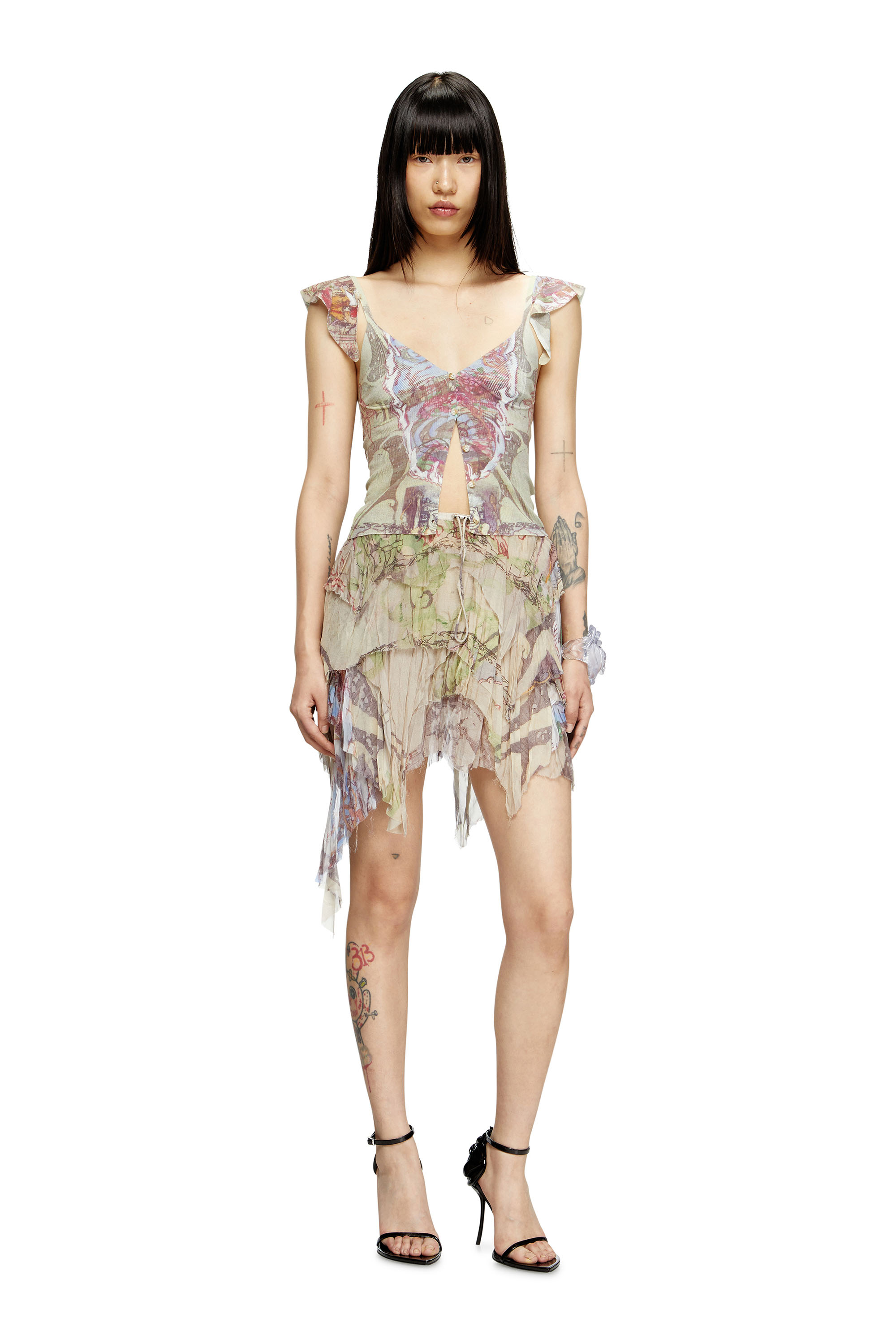 Diesel - M-FIORE, Damen Stricktop mit gerüschten Schultern und mittelalterlichem Print in Beige - 2