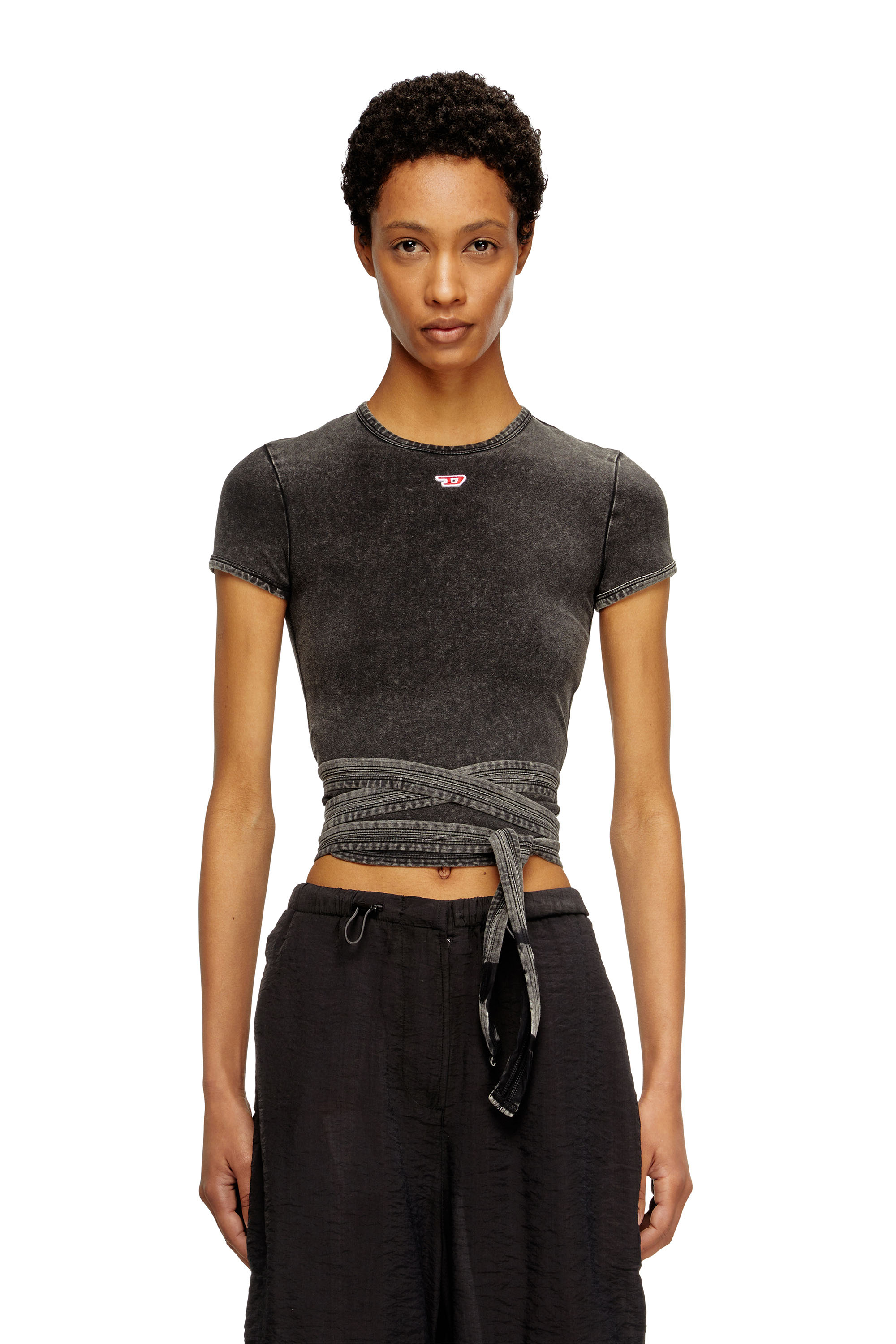Diesel - T-BUNNY-TAIL-R1, Damen T-Shirt in Denim-Optik mit Wickelbändern in Schwarz - 1